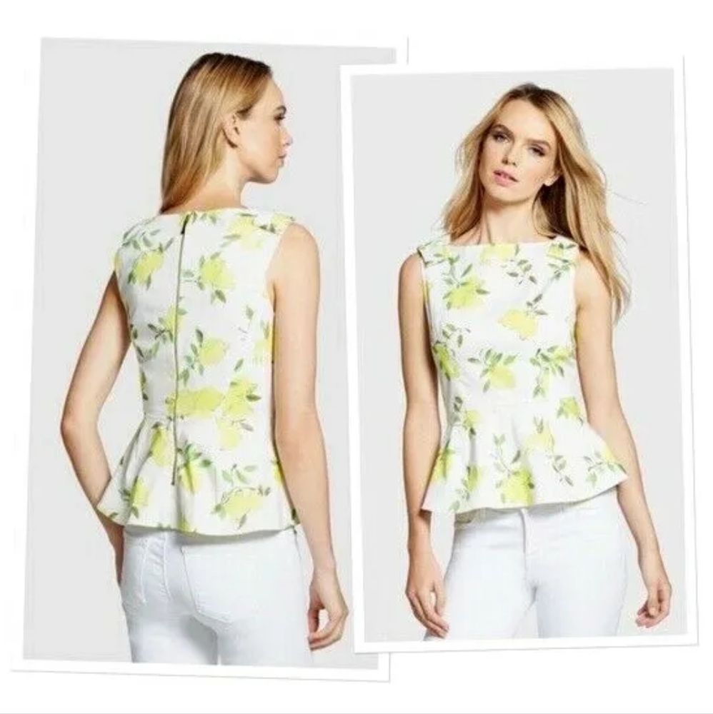 kate spade Thalia Painterly Lemon Peplum Bow Top Crisp White 0